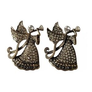 MONET 2pcs ANGEL Pin Brooch Crystals & Gold Tone - 2 1/8" Tall